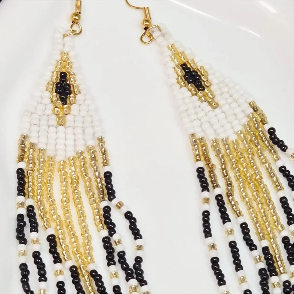 White Gold Black Glass Seed Beaded Fringe Earrings – Long Geometric Statement